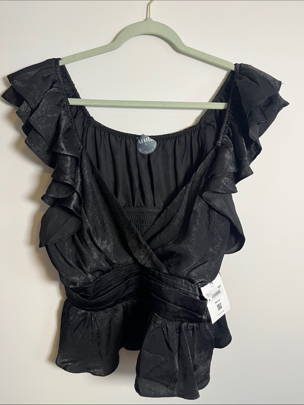 NWT ARULA SZ A(XL) Black Ruffle V-Neck Wrap Style Blouse